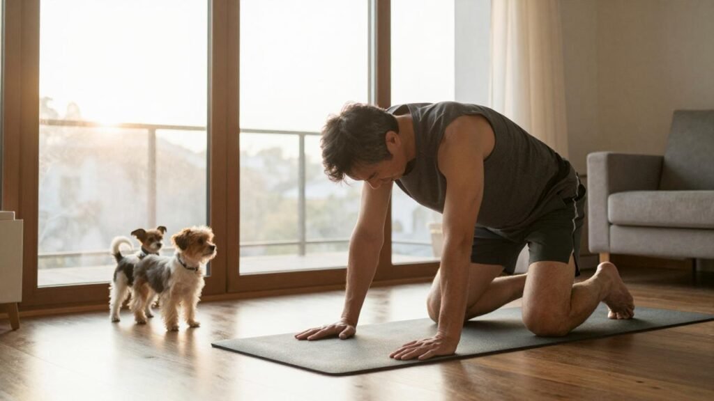 Homme dans la cinquantaine faisant des étirements le matin avec ses chiens avant le travail : routine fractionnée de calisthénie à domicile