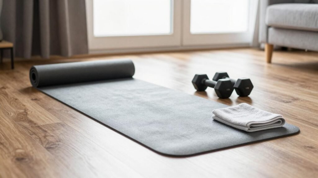 Coin d'entraînement à domicile avec tapis déroulé en permanence : stratégie pour rester motivé et créer une routine durable

