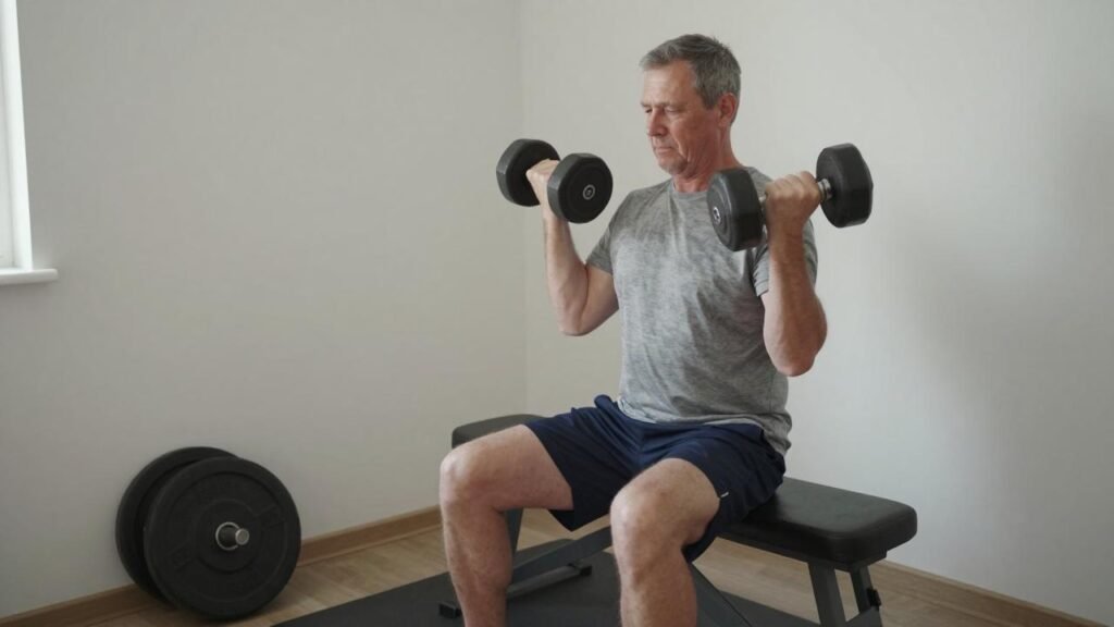 Homme utilisant des haltères réglables pour s'entraîner à domicile : choix des poids et gains de place pour le fitness maison