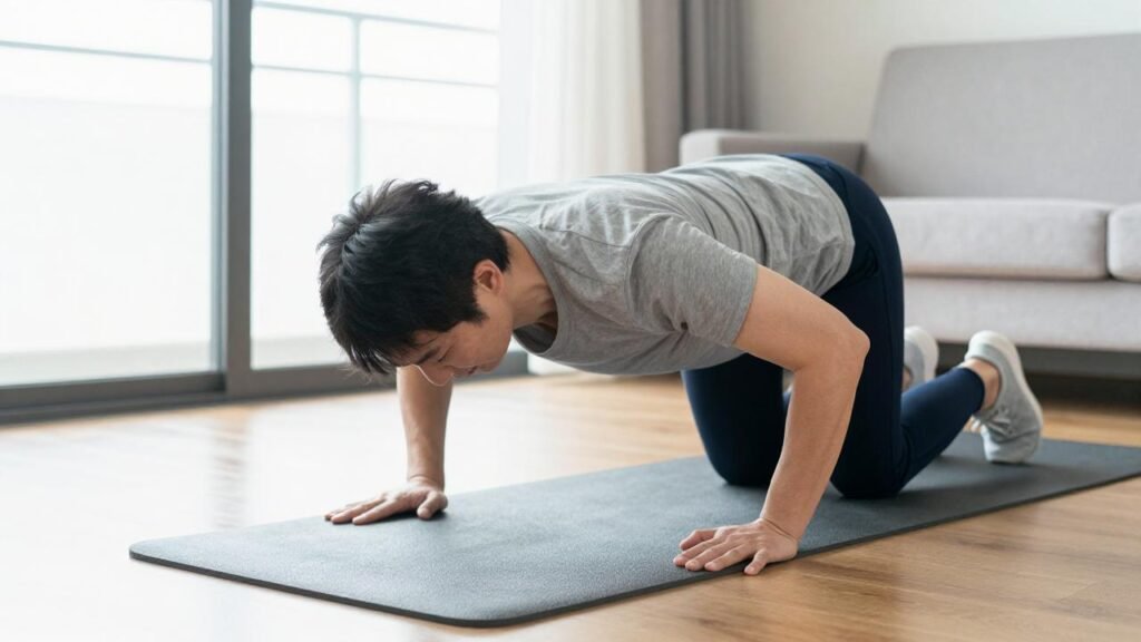 Personne faisant des pompes à genoux sur un tapis d'exercice : exercice de calisthénie simple pour débutant à la maison

