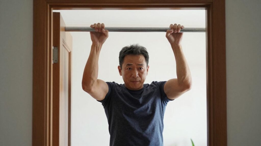 Homme dans la cinquantaine faisant une traction sur une barre fixe à la porte : exercice de calisthénie pour biceps à domicile