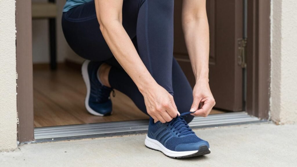 Homme dans la cinquantaine lacing ses chaussures de sport à lacets pour la marche et la course à domicile : choisir le bon soutien