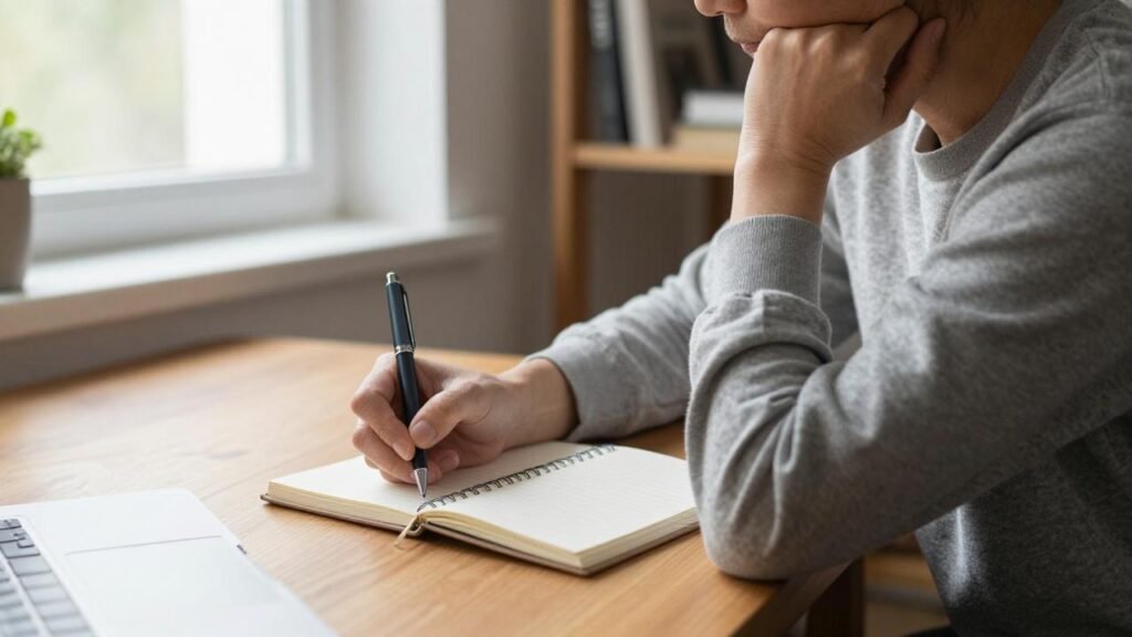 Homme écrivant ses raisons personnelles dans un carnet : construire sa discipline après la motivation
