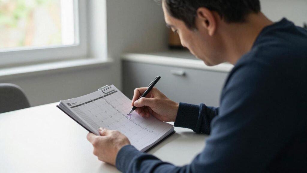 Homme planifiant ses séances d'entraînement dans un agenda hebdomadaire : construire la discipline plutôt que d'attendre la motivation