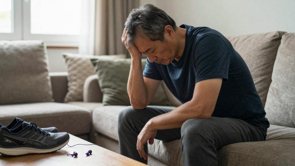 Homme fatigué sur son canapé, chaussures de sport à portée de main : que faire quand on n'a plus envie de s'entraîner