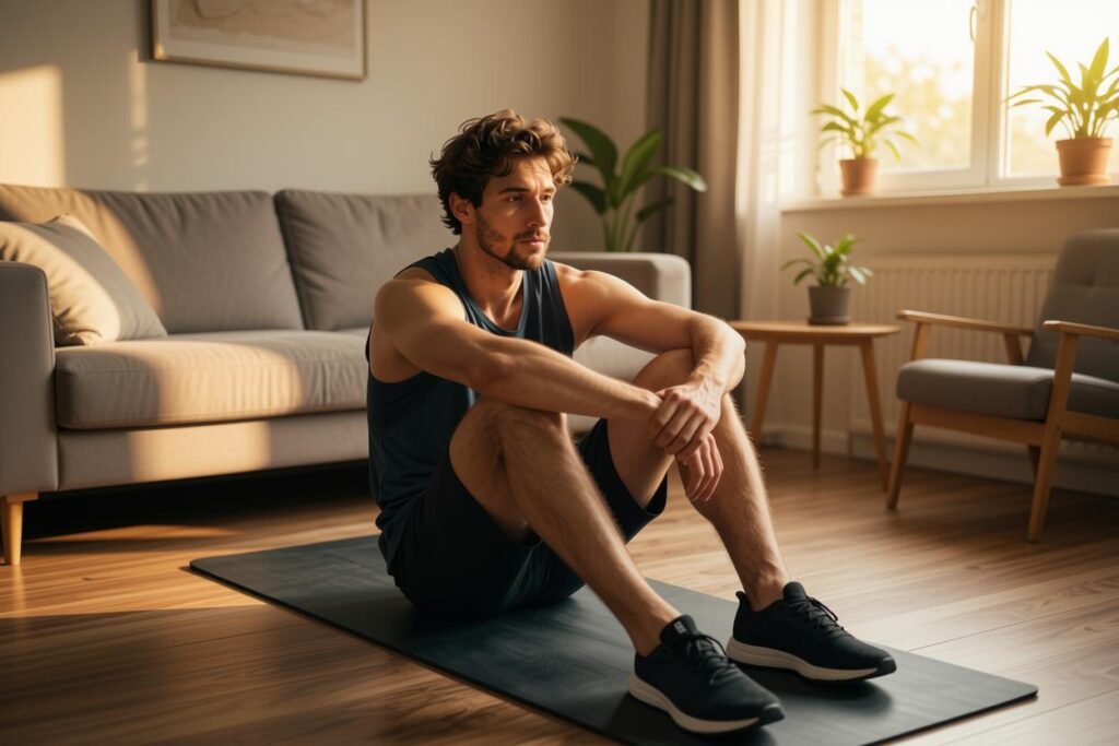 S'entraîner seul à la maison : homme assis en pause sur un tapis d'exercice